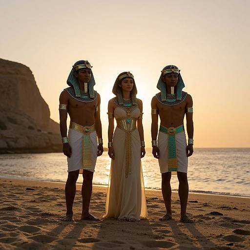 Photograph of three ancient Egyptian figures, two male and one female, in traditional attire, standing on a sandy beach at sunset.