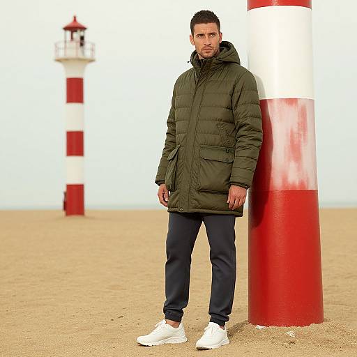 Photograph: Bearded man in olive green parka, navy pants, white sneakers, leaning against red-and-white lighthouse pillar on sandy beach.
