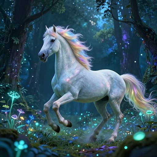 Digital artwork of a white, rainbow-maned horse galloping through a mystical, glowing forest with luminescent mushrooms and enchanted lights.