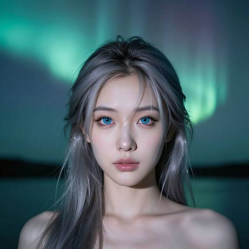 Photograph of a young woman with long, silver-gray hair and striking blue eyes, illuminated by ethereal green and blue lights, against a dark,
