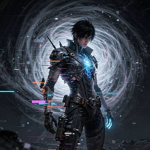 Cyberpunk Glitch-Core Protagonist Portrait