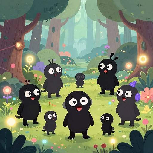 Whimsical digital illustration of six black, round-eyed, cartoon-like creatures with small antennae in a vibrant, enchanted forest with glowing flowers and trees
