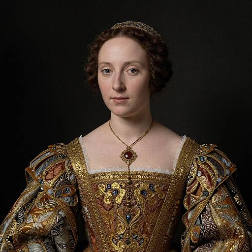 Photograph of a pale-skinned, brunette woman in an ornate, gold and brown Renaissance gown with intricate patterns, pearl necklace, and jeweled