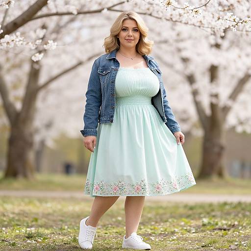Photograph of a blonde woman with wavy hair, wearing a light blue dress, denim jacket, and white sneakers, standing in a springtime park