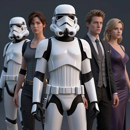 CGI image of three Stormtroopers and three dressed individuals (woman in dark dress, man in suit, woman in purple dress) standing in a
