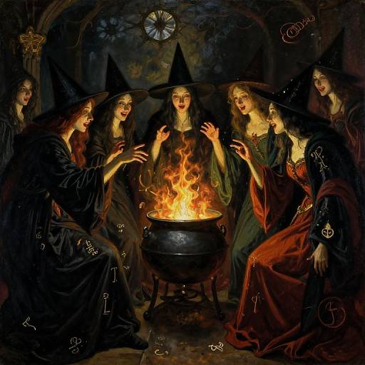 Enigmatic Sorceresses Around Cauldron