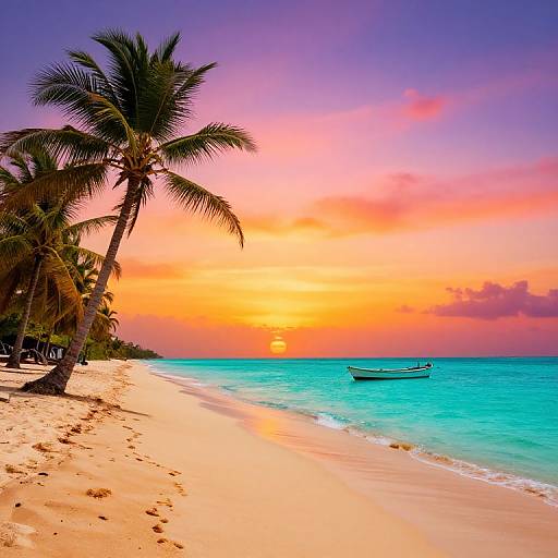 Photograph of a vibrant tropical beach at sunset, featuring golden sand, turquoise water, palm trees, and a small boat near the horizon.