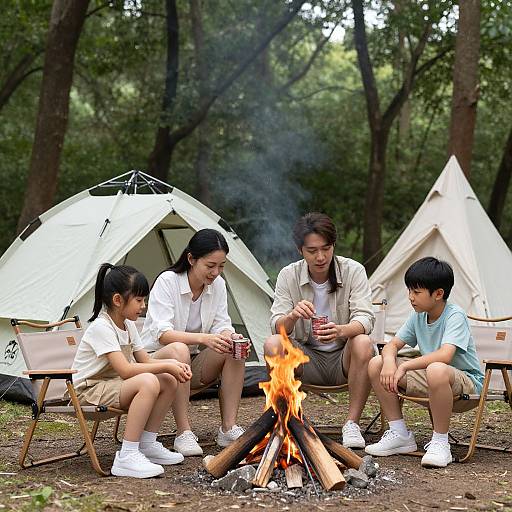 Photograph of an Asian family of four sitting around a campfire in a forest, drinking from cans, with two white tents in the background.