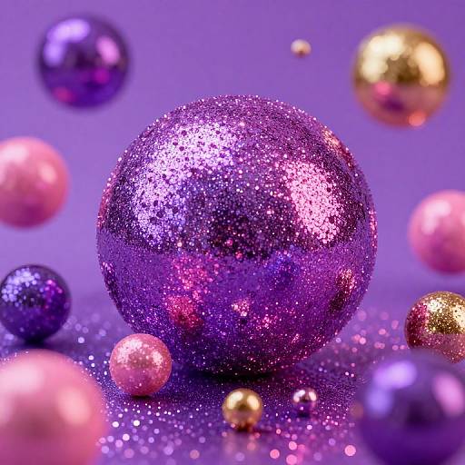 Photograph of sparkling purple and gold Christmas ornaments against a purple background, with varying sizes and soft bokeh effects.