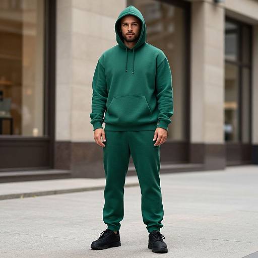Man in Green Hoodie on Sidewalk