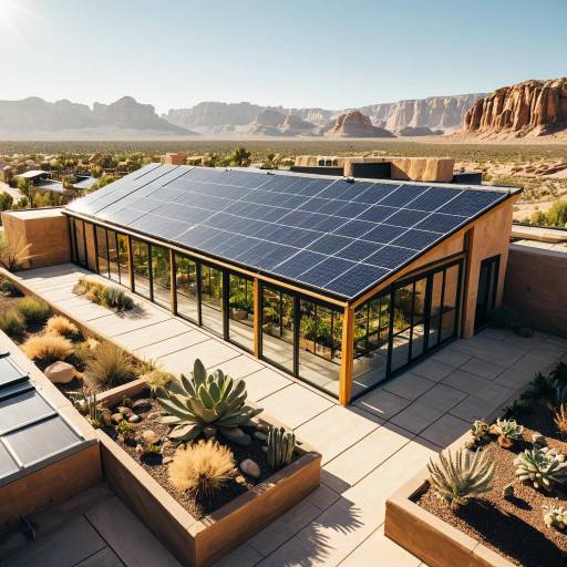 Modern Home with Solar Panels and Rooftop Greenhouse in Desert