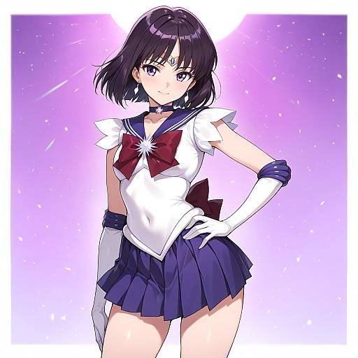 Digital anime drawing of a cute, purple-haired Sailor Moon in white top, red bow, blue skirt, and gloves, standing confidently against a glowing purple