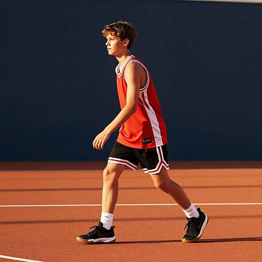 Teenage Boy on Sunlit Basketball Court
