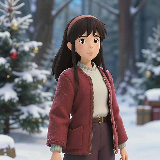 Digital anime-style drawing of a young girl with long black hair, wearing a red jacket, white sweater, and brown pants, standing in a snowy forest
