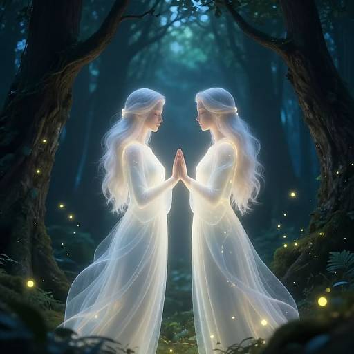 Digital art of two ethereal, glowing, white-haired women in flowing gowns, hands clasped, in a dark, enchanted forest with floating fire