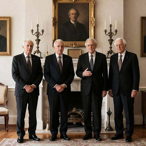 Elderly Men Posing by the Fireplace