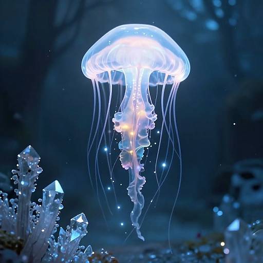 Photograph of a glowing blue jellyfish with translucent, flowing tentacles, surrounded by sparkling crystals in a dark, underwater environment.