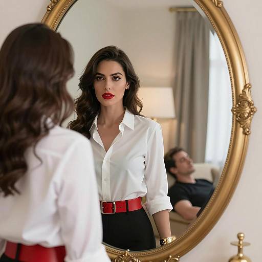 Woman Standing in Front of Ornate Mirror