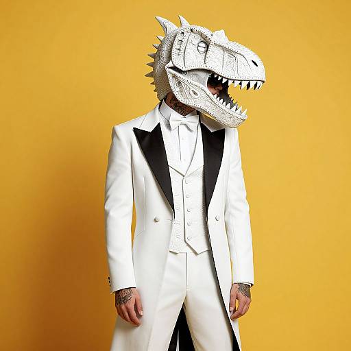 Photograph of a person in a white tuxedo with black lapels, wearing a white, textured, cartoonish dinosaur head against a bright yellow