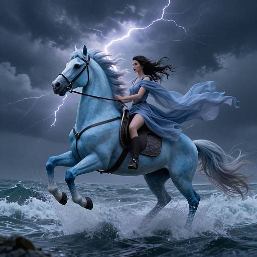 Digital artwork of a powerful, blue horse with a glowing mane, ridden by a windswept woman in a flowing blue dress, galloping through