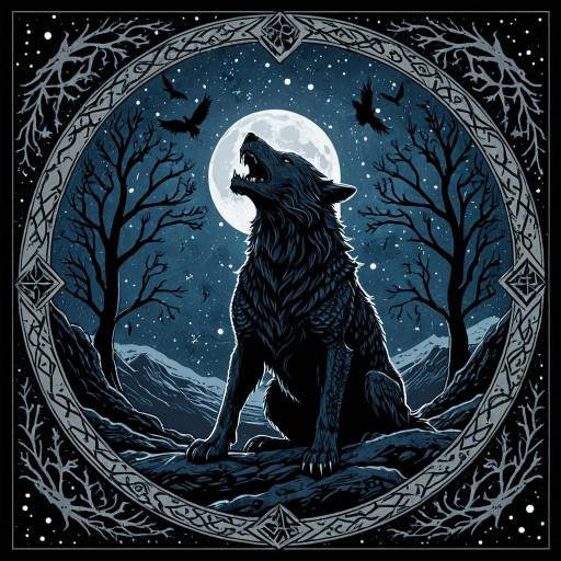 Fenrir Wolf Howling at Full Moon with Nordic Mystic Frame