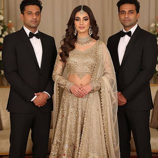 Photograph of a South Asian bride in an ornate gold lehenga and jewelry, flanked by two men in black tuxedos, standing