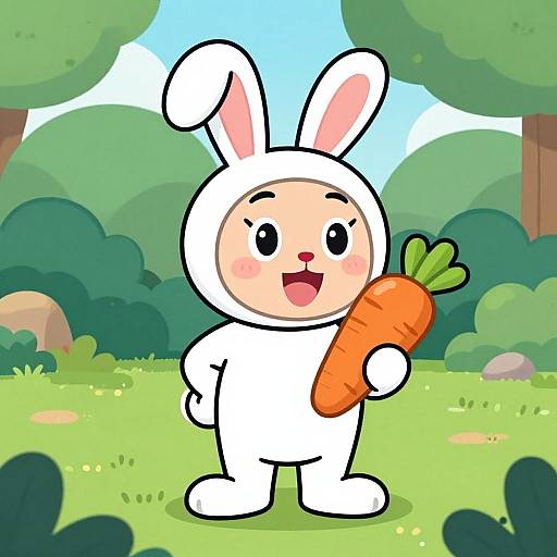 Cartoon bunny in white outfit holding carrot, standing in vibrant green forest with trees and blue sky, smiling cheerfully.