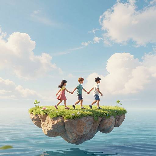 Digital illustration: Three children holding hands on a grassy floating rock, against a bright blue sky with fluffy white clouds. Ocean below.