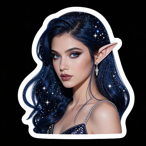 Digital art of a beautiful, fair-skinned elf woman with long, dark blue, starry hair, pointed ears, and glowing white outline against a