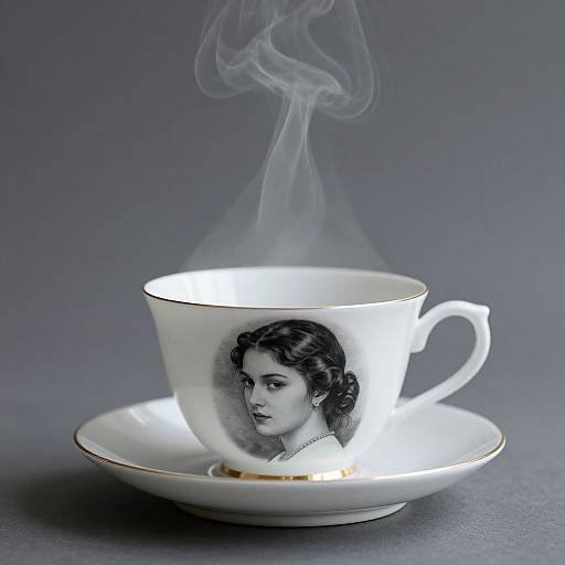 Photograph of a white teacup with a black-and-white portrait of a woman, emitting smoke, on a matching saucer against a gray background