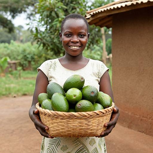 Photograph of a smiling African woman with dark skin, short hair, wearing a white lace dress, holding a wicker basket of green avocados