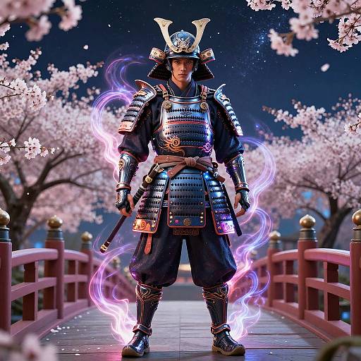 Digital artwork of a samurai warrior in full armor with glowing purple flames, standing on a cherry blossom bridge at night.