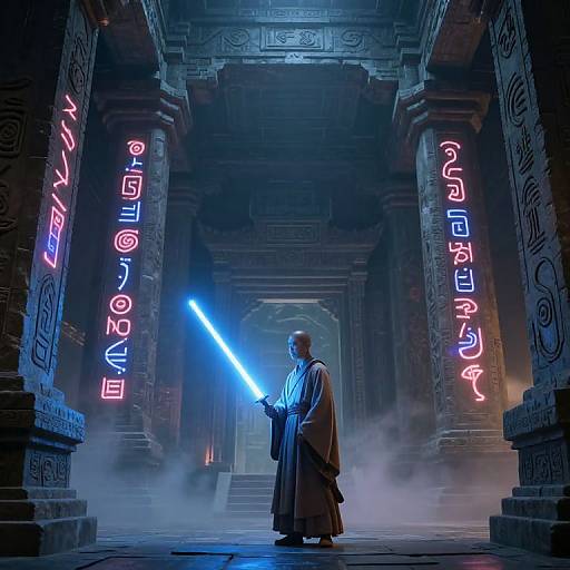 Photorealistic digital image: Jedi with blue lightsaber stands in ancient, misty temple with neon 