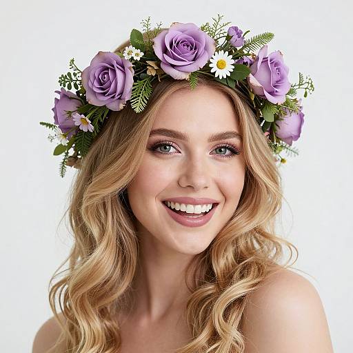 Photograph of a smiling blonde woman with wavy hair, wearing a purple rose and greenery floral crown against a white background.