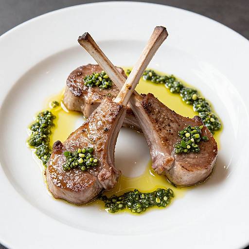 Photograph of two grilled, seasoned pork ribs with green peppercorn sauce on a white plate, arranged with bones crossing in the center.