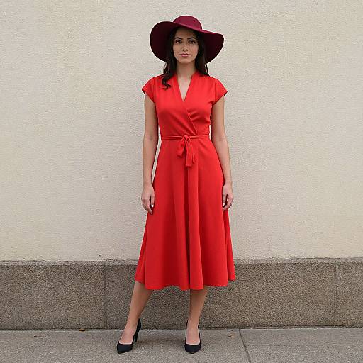 Photograph of an Asian woman in a vibrant red dress and black hat, standing against a beige wall, wearing black heels.