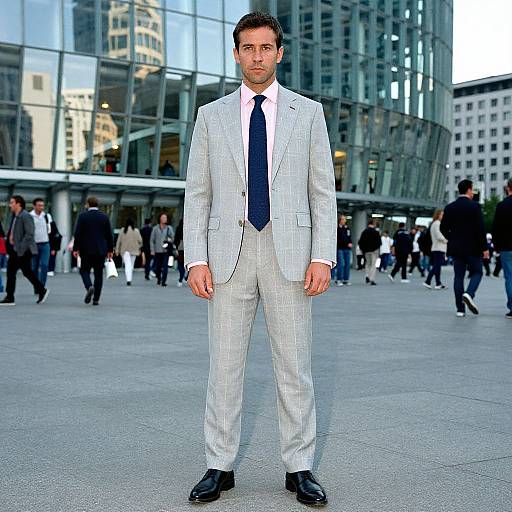 Photograph of a handsome man in a light gray checkered suit, white shirt, and navy tie, standing confidently in a bustling urban plaza with modern