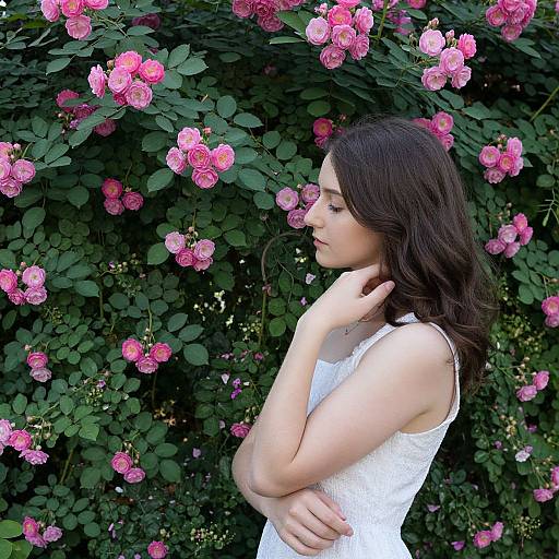 Photograph of a young woman with fair skin and long brown hair, wearing a white lace tank top, standing in front of a lush green bush filled