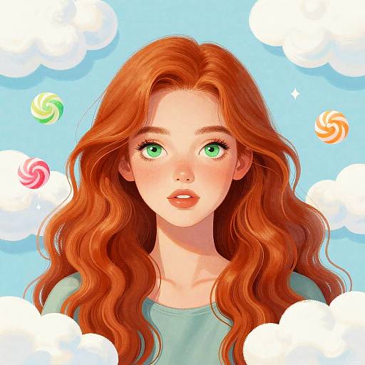 Digital anime-style portrait of a red-haired girl with green eyes, wearing a light blue shirt, set against a sky-blue background with white clouds and colorful