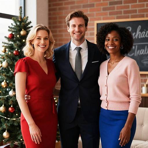 Joyful Group Portrait by Christmas Tree