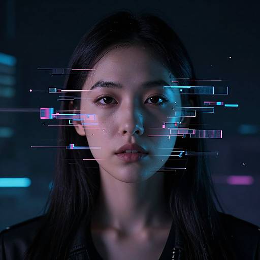 Cybernetic portrait of a young Asian woman with long black hair, glowing digital lines across her face, in a dark blue futuristic background.