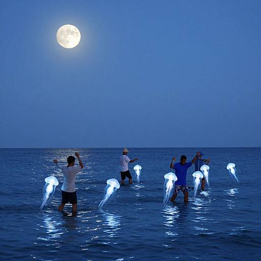 Moonlit Fishermen and Glowing Jellyfish