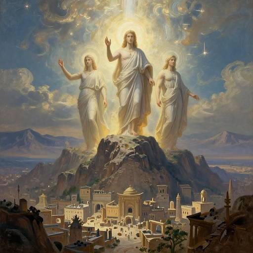 Digital painting of three radiant, white-robed, divine women standing on a mountain, blessing a sunlit, ancient cityscape with distant mountains and a