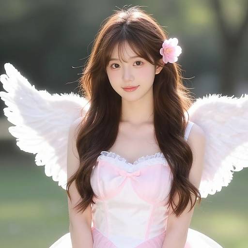 Photograph of an Asian woman with long brown hair, white feather wings, pink flower hairpin, and pink lace dress, smiling in sunlight.