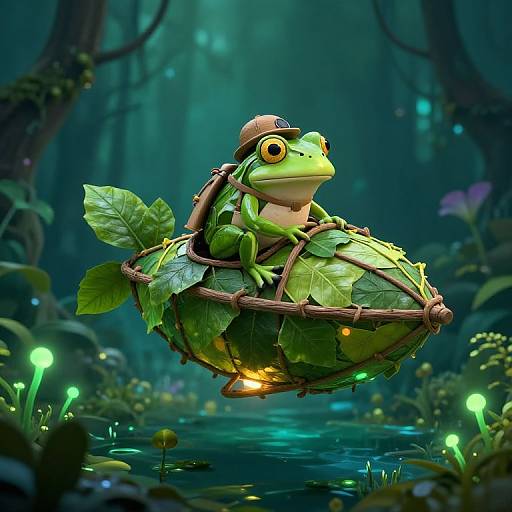 Digital art of a green frog in a leafy, wooden float hat, floating in a glowing, mystical forest pond at night.