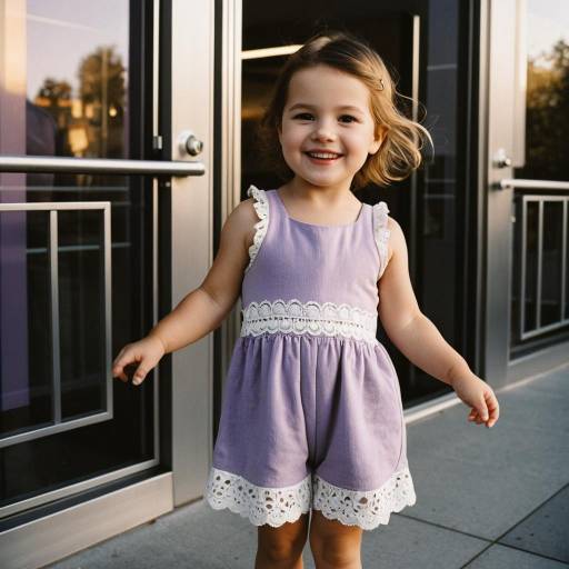 Smiling toddler girl in lavender romper outdoors