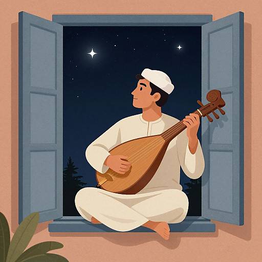 Digital illustration of a man in white traditional attire, playing a tan oud, sitting on a windowsill at night, with blue shutters open. Stars