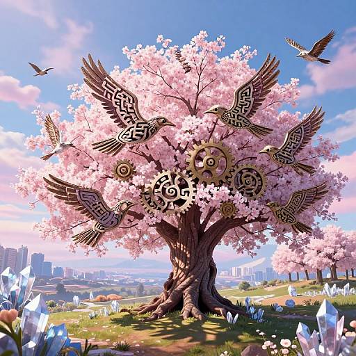 Gears to Birds in Cherry Blossom Tree