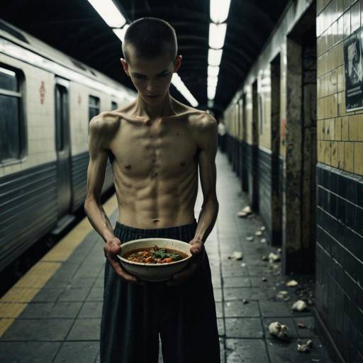 Gaunt Young Man Holding Bowl in Abandoned Subway