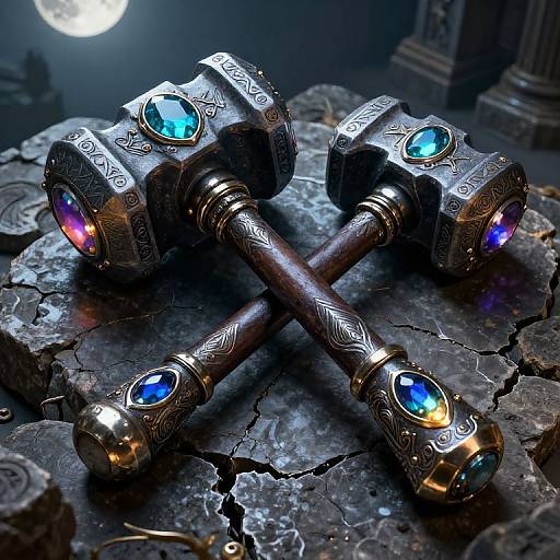 Photograph of two ornate, silver-hammered maces with blue and green gemstones, crossed on a cracked stone surface under a full moon